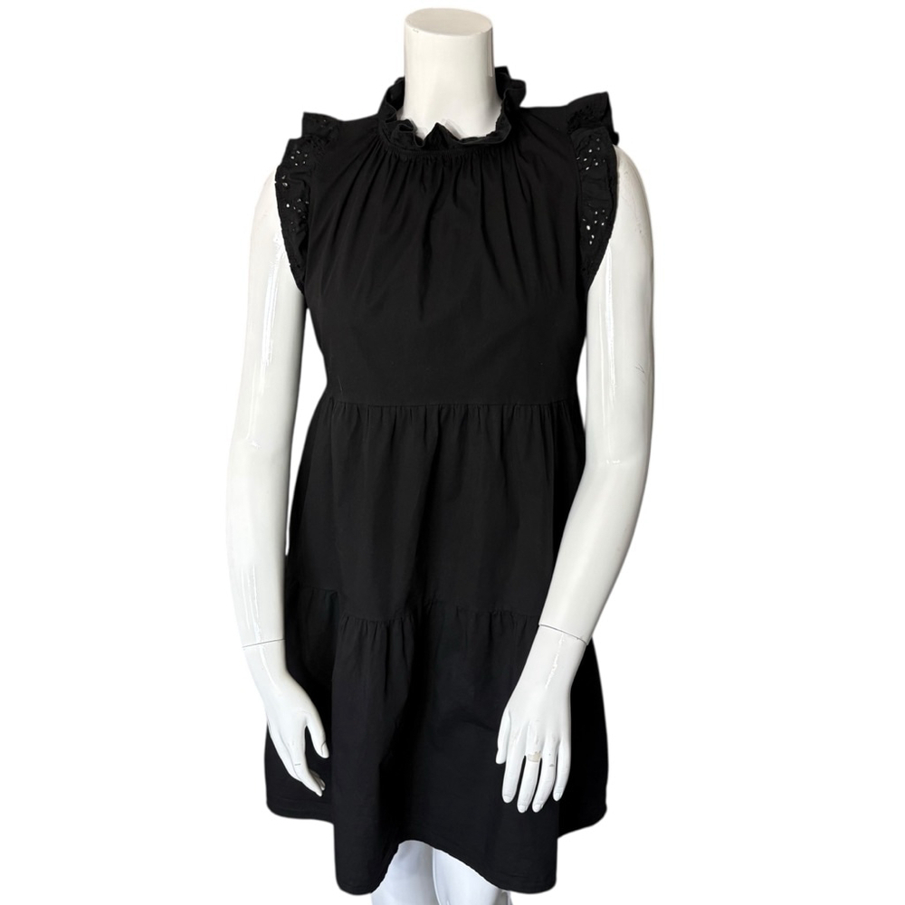 Valentina Naldi Made in Italy Black Cotton Tiered Dress Ruffle Eyelet Sleeves, M - Picture 2 of 13